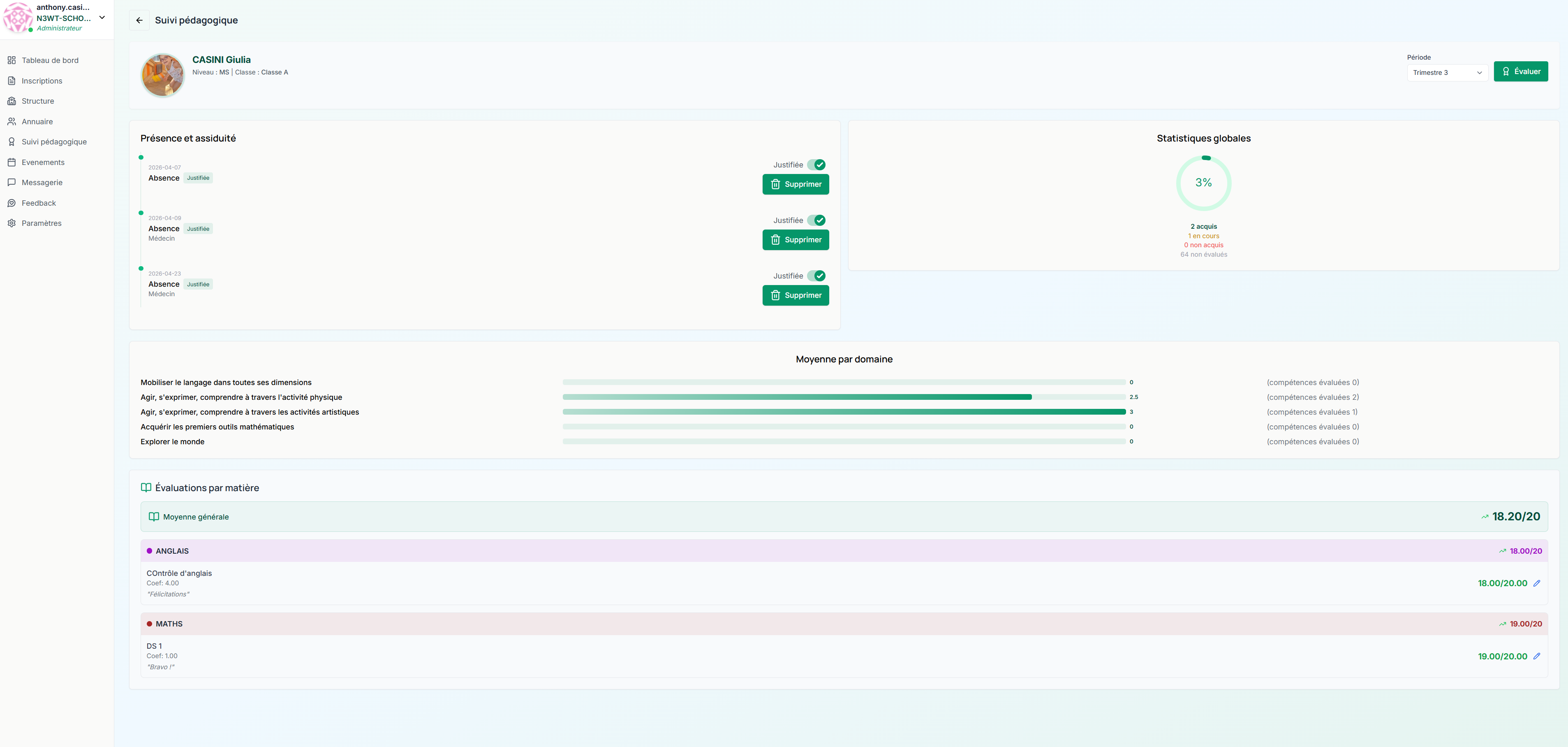 Suivi pédagogique et bilan de compétences par élève