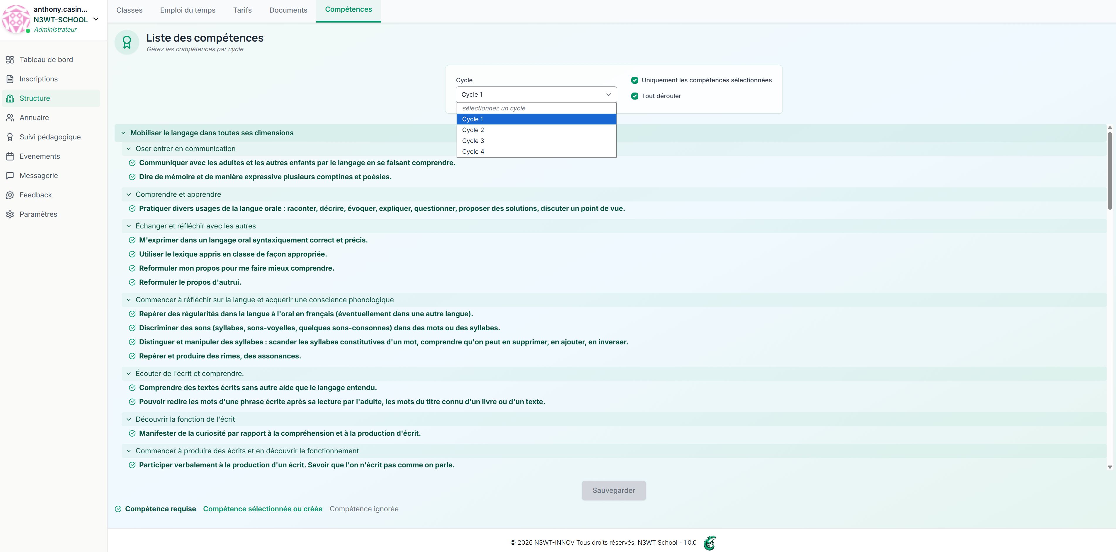 Gestion des cycles et compétences pédagogiques par élève