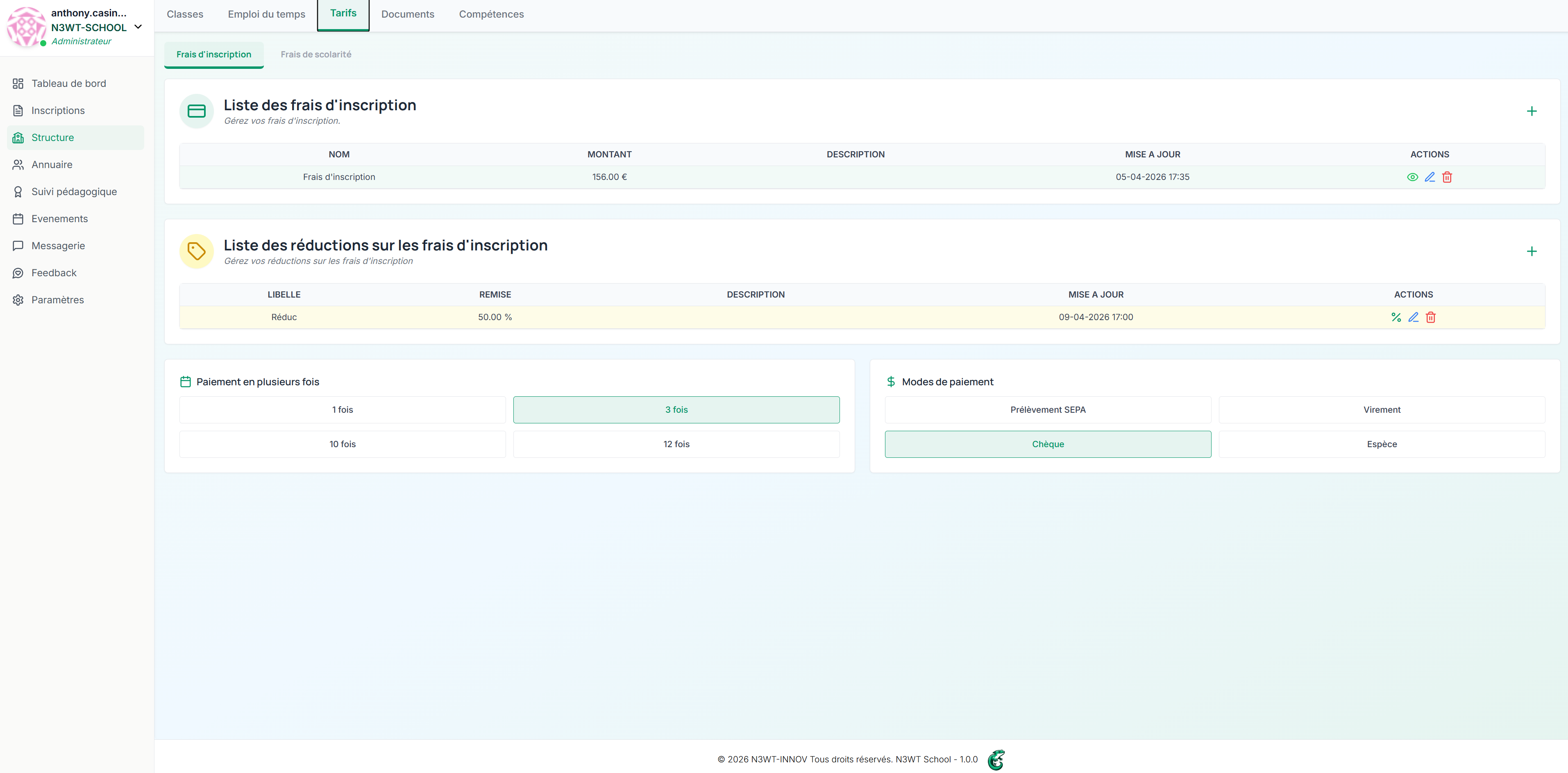 Configuration des tarifs de scolarité et modalités de paiement